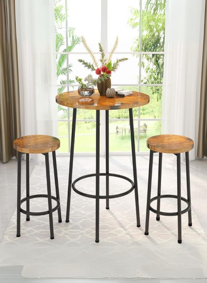 Mobellya EG  Rustic Industrial Bar Table Set with 2 Stools – Round Wooden Top and Metal Frame for Home Kitchen or Dining Room - Image 2